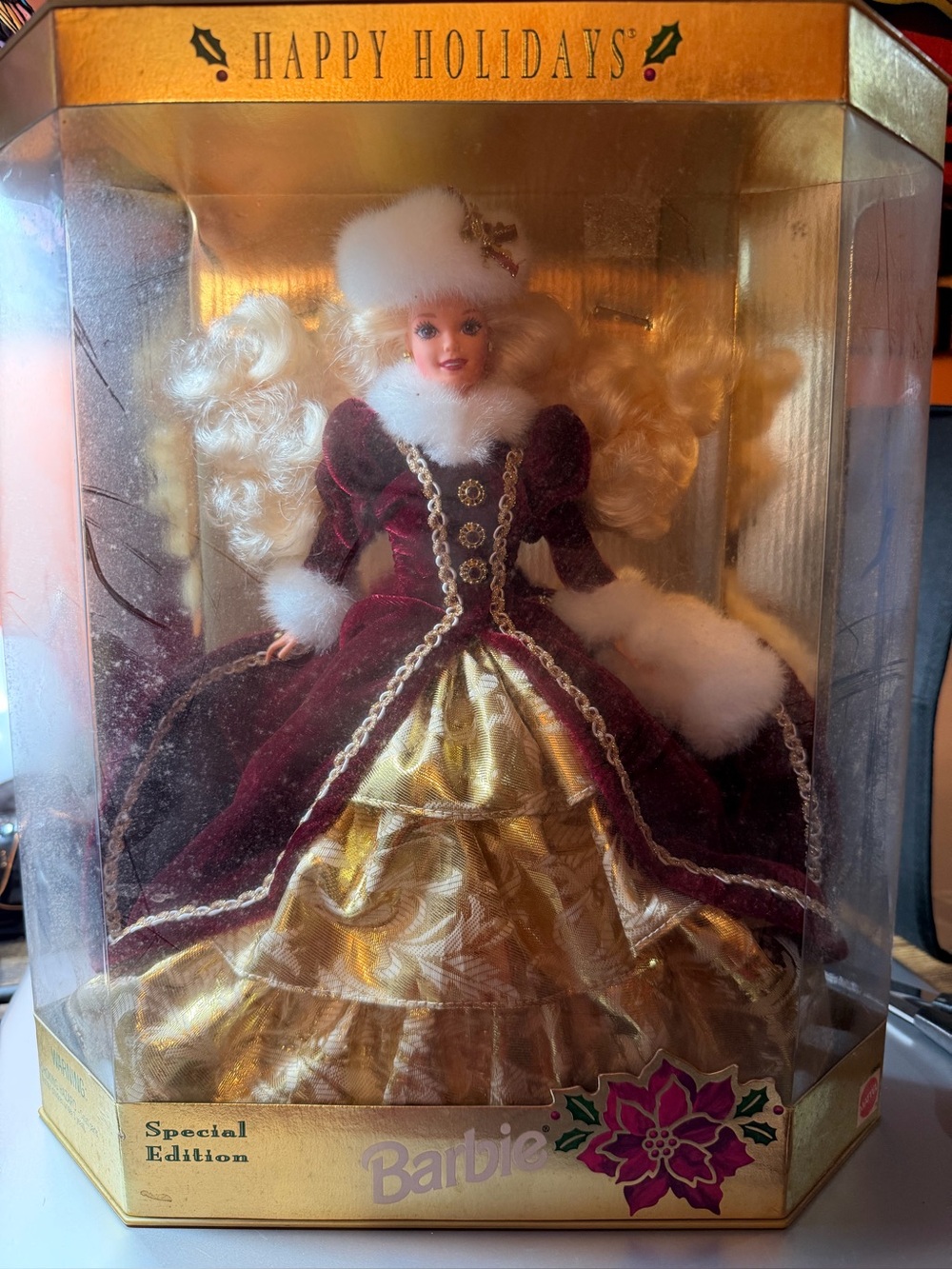 Barbie Holiday Velvet Doll Gown in Burgundy and Gold with White Fur